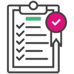 Een icoon van een clipboard. Onder de klem zit een papier met allemaal vinkjes erop.